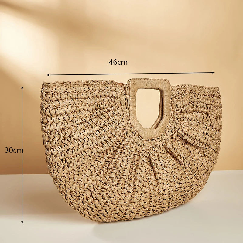 the WOVEN BAG - Straw Bag Rattan Woven Round Tassel Handbag for Women, Large Capacity Shoulder Tote Purse, Ladies Holiday Wood Handle Shopping Bag