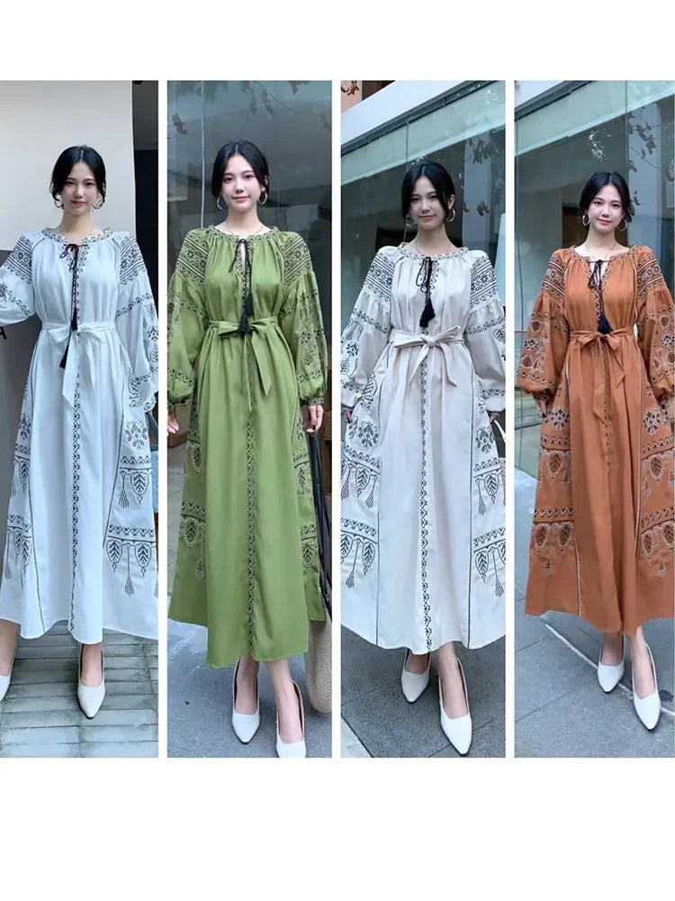 Bohemian Retro Ethnic Style Dress Women's Spring Autumn Embroidered Lace Up Lantern Sleeves Waist Cinching Long Dress A155