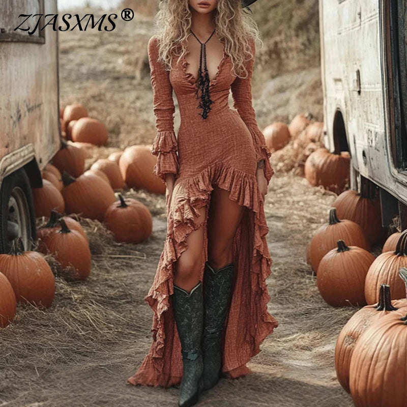 Ethnic Retro Solid Ruffle Irregular Dress Women Spring V Neck Slim Party Long Dress Autumn Butterfly Long Sleeve Boho Maxi Dress