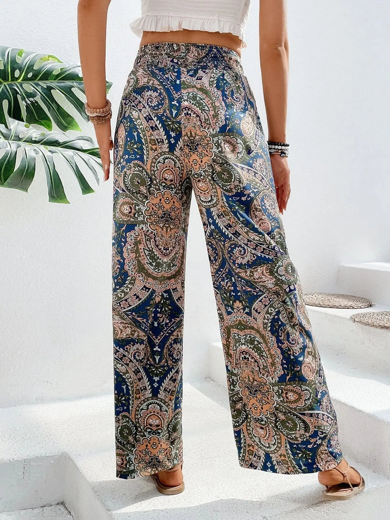 Women's Pants 2024 Summer New Fashion Versatile Printed Elastic Waist Wide Leg Pants Retro Ethnic Style Elastic Waist Trousers