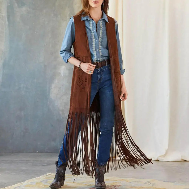 Western Fringed Vest Bohemian Fringe Vest Women's Sleeveless Cardigan with Tassel Detail Patch Pockets for Cowboy Cosplay