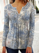 the FLOWER SHOP - Women's Vintage Floral Print Pleated Button Spring/Summer Fashion V-Neck 3/4 Sleeve Elegant Slim Blouse Tops