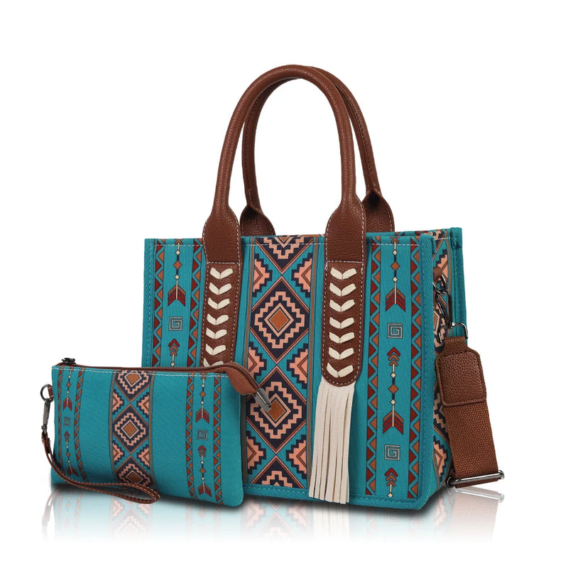 the NAVAJO - Ethnic Print Hand-Held Crossbody Bag Set with Tassel Decoration and Small Coin Purse