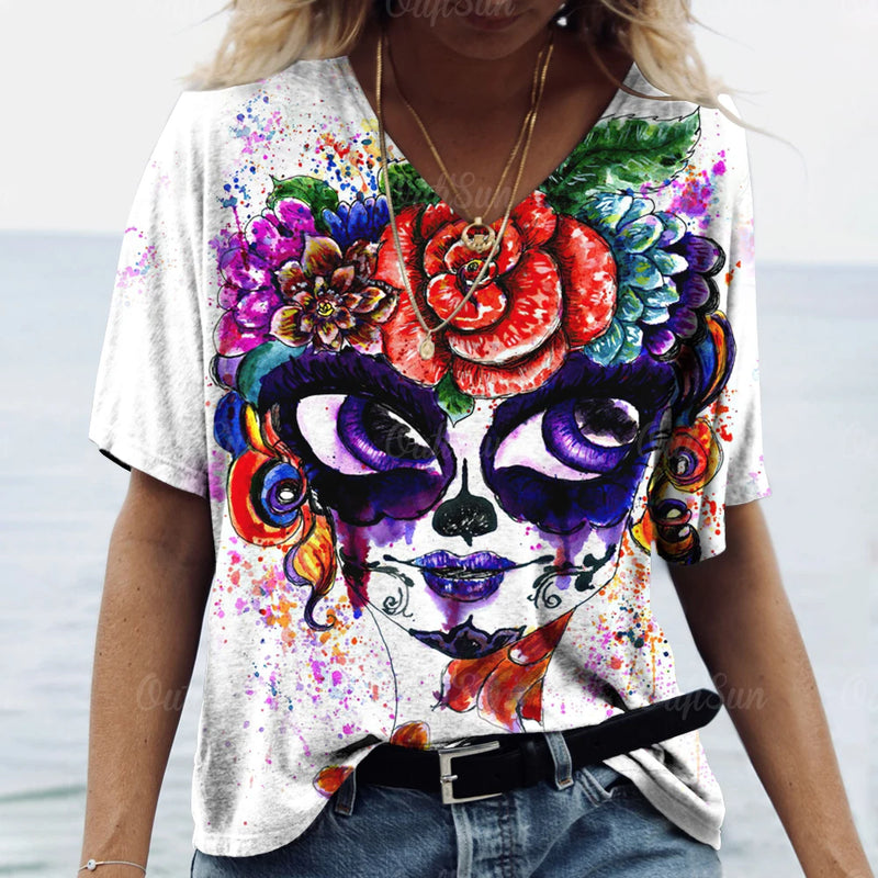 2023 Vintage Skull Face Women's T Shirt Tops V Neck Casual Cotton Short Sleeve Pullover Summer Female Harajuku Punk Streetwear