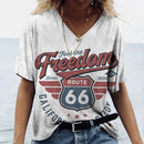 the ROUTE 66 - Pattern 3D Print V-Neck Casual Short Sleeve Oversized Pullover Fashion T-Shirts for Women