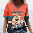 the ROUTE 66 - Pattern 3D Print V-Neck Casual Short Sleeve Oversized Pullover Fashion T-Shirts for Women