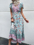 the BANDANA BOHO - Vintage Floral Boho Printed Short Sleeves V-Neck Slit A-Line Bohemian Summer Beach Midi Dresses