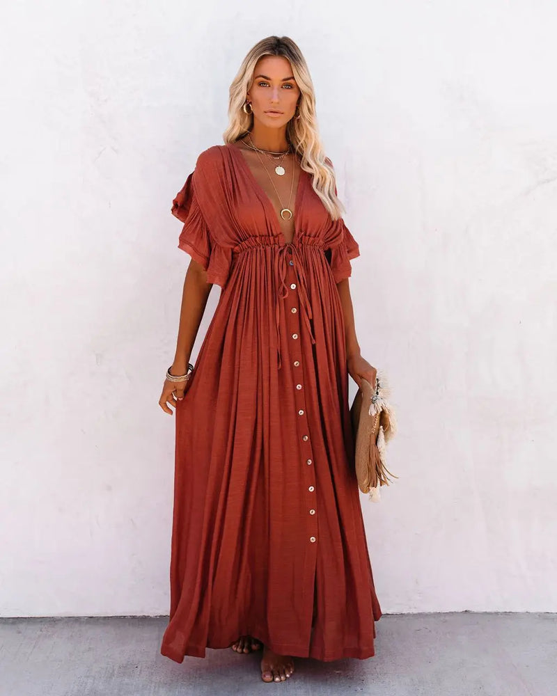 2024 Summer Long Bikini Cover Ups for Women Solid V-Neck Kimono Beach Dresses Lace Up Anti-Sun Swim Dress Bohemian Sarong Skirt