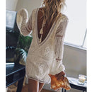 the WHITE SANDS - Sexy Boho Hollow Out Backless Deep V Neck White Beach Long Sleeve Lace Up Tassel Loose Casual Mini Dress