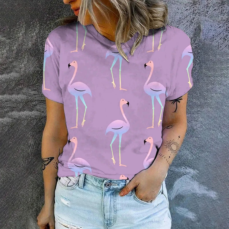 Fashion Trend High Quality Loose Short Sleeve Top Simple Casual Round Neck T-shirt Summer New Flamingo Print Women's T-shirt