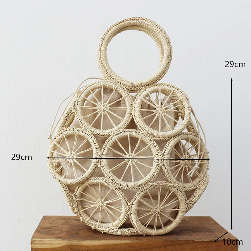 the WOVEN BAG - Straw Bag Rattan Woven Round Tassel Handbag for Women, Large Capacity Shoulder Tote Purse, Ladies Holiday Wood Handle Shopping Bag