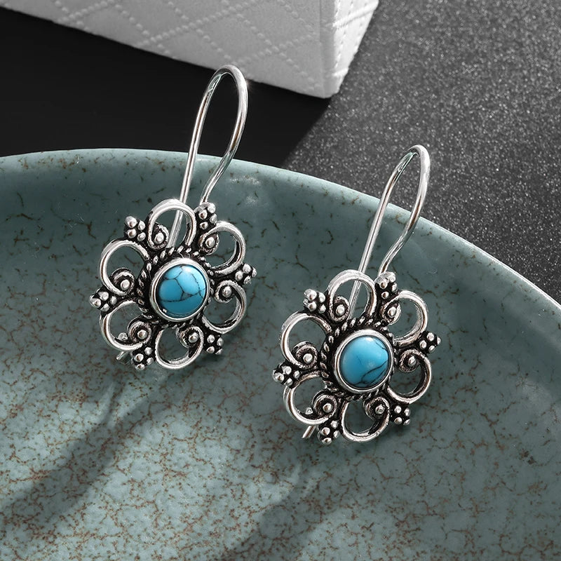 the ANTIQUE FLOWER - Beautifully Inlaid Blue Turquoise Flower Hypoallergenic Earrings for Women, Stylish Elegant Banquet Jewelry