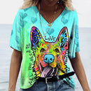 the PAINTED PUPPY - Casual Summer V-Neck Short Sleeve 3D Cute Dog Print Harajuku Versatile T-Shirts for Women