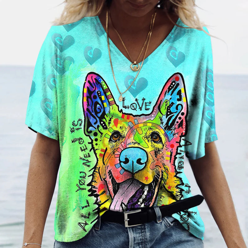 Summer New Women's V-neck Top Short Sleeve T-shirts 3D Cute Dog Print Casual Lovely Harajuku Versatile Y2K Clothes European Size