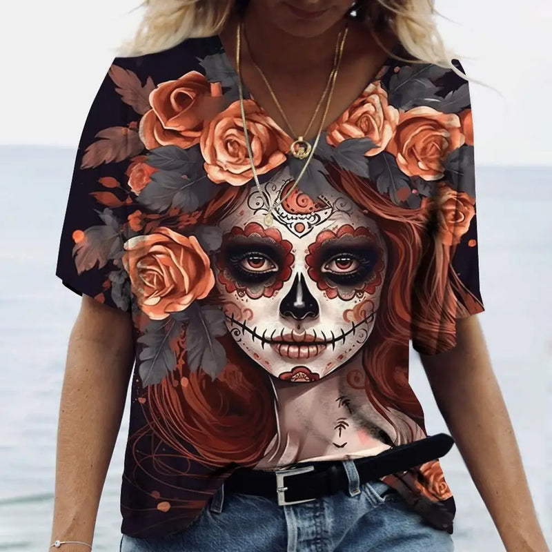 2023 Vintage Skull Face Women's T Shirt Tops V Neck Casual Cotton Short Sleeve Pullover Summer Female Harajuku Punk Streetwear