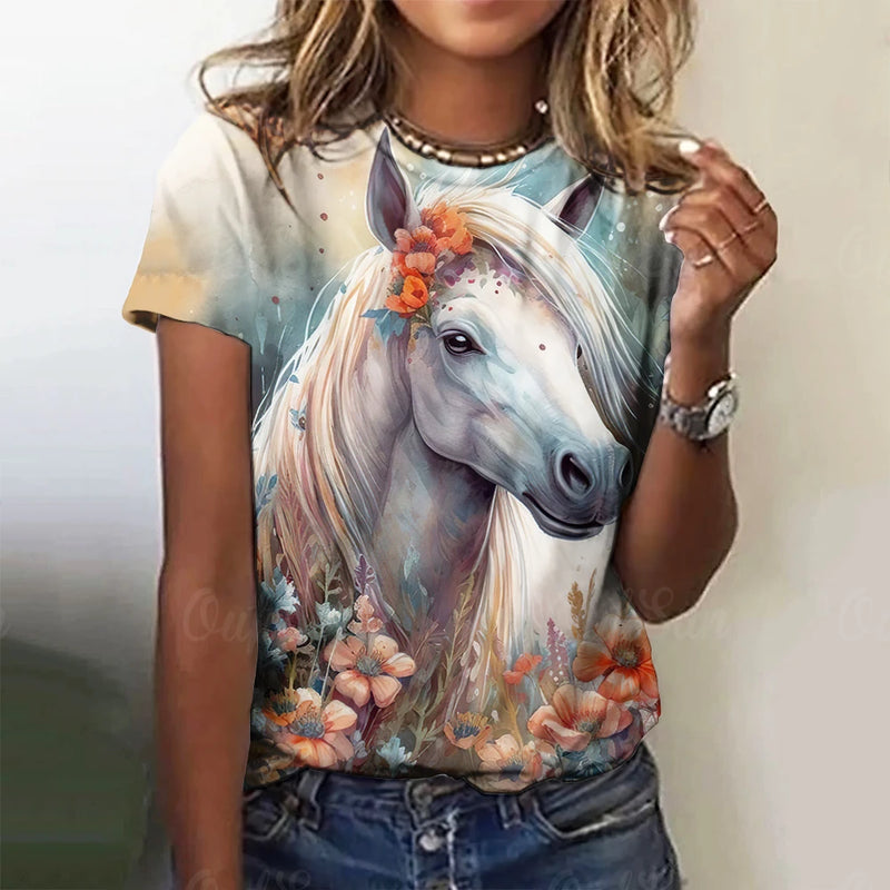 3D Animal Print New Women's T-shirts Casual Short Sleeves Horse Pattern Street Tees Tops Summer Loose Women Clothing Pullover