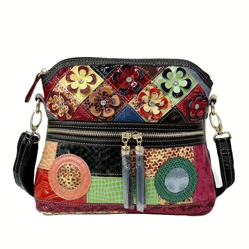 the HIPPIE HOBO - Casual Multi Color Messenger Bag, Snake Pattern Women's Colorful Flowers Splicing Tassels Single Shoulder Purse