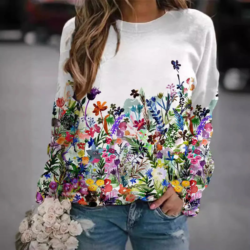 2024 New European and American Women's Flower Dog Pattern Printed Round Neck Hoodie, Casual and Fashionable Cudgeon Top