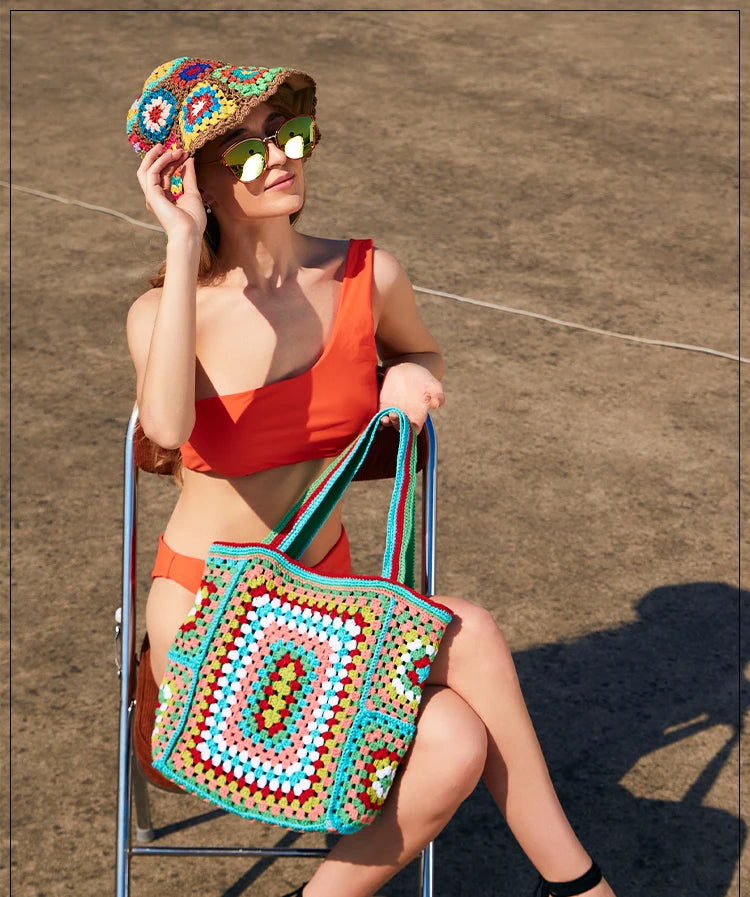 the CANCUN BOHO - Bohemian Crochet Women Shoulder Bags, Knitting Large Capacity Tote Bag, Casual Lady Handbags, Big Shopper Purses/Summer Beach Bags