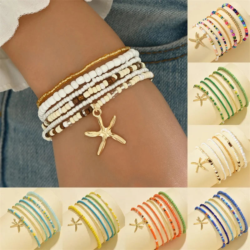 the BEADED STARFISH - Boho Stacking Multilayer Color Rice Beads Starfish Bracelet for Women, Fashion Beaded Rope Chain Summer Beach Wrist Jewelry Gifts