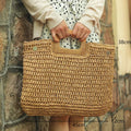 the WOVEN BAG - Straw Bag Rattan Woven Round Tassel Handbag for Women, Large Capacity Shoulder Tote Purse, Ladies Holiday Wood Handle Shopping Bag