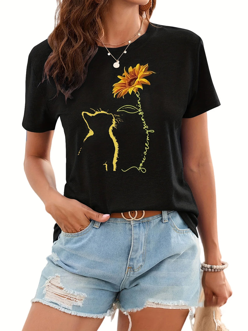 Sunflower & Cat Print T-Shirt, Short Sleeve Crew Neck Casual Top For Summer & Spring, Women's Clothing