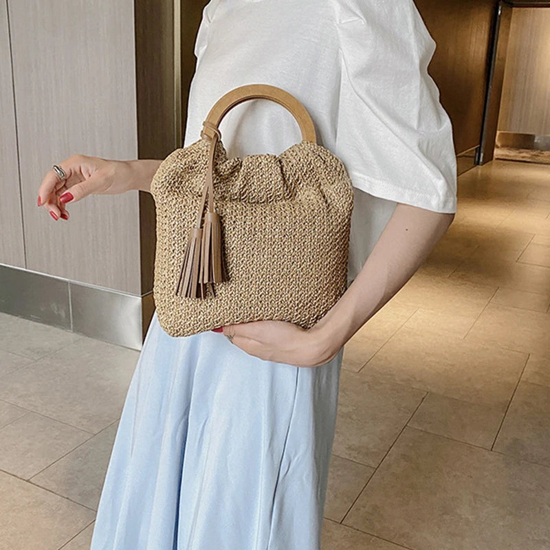 the WOVEN BAG - Straw Bag Rattan Woven Round Tassel Handbag for Women, Large Capacity Shoulder Tote Purse, Ladies Holiday Wood Handle Shopping Bag