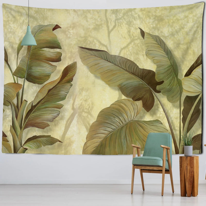 the JUNGLE - Tropical Plants Banana Leaf Tapestry Wall Hanging, Boho Home Room Decor