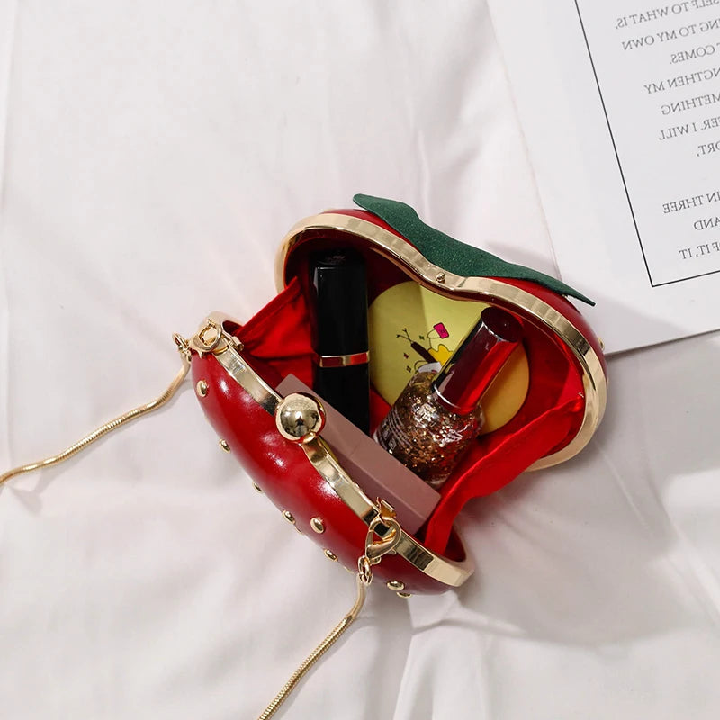 the STRAWBERRY - Cute Fruit Strawberry Heart Shape Pu Rivet Mini Fashion Ladies Chain Purse Clutch Bag