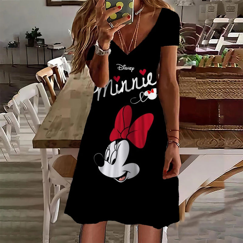 New 2024 Summer Dresses Women Disney Mickey Mouse print Dress Female Clothing Casual Retro Short Sleeve Loose Plus Size Dress