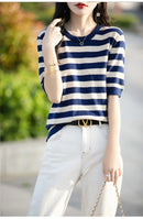 the CASHMERE - Sweater Short Sleeved Striped Sweater Pullover Knitted Cashmere Sweater for Women