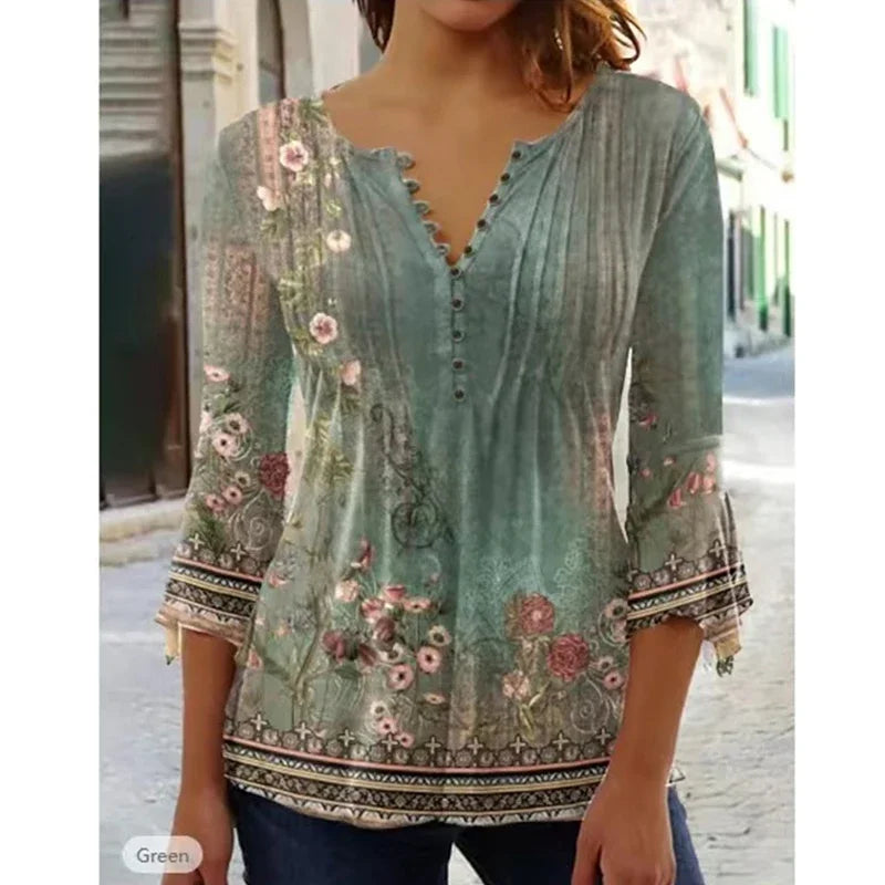 the FLOWER SHOP - Women's Vintage Floral Print Pleated Button Spring/Summer Fashion V-Neck 3/4 Sleeve Elegant Slim Blouse Tops
