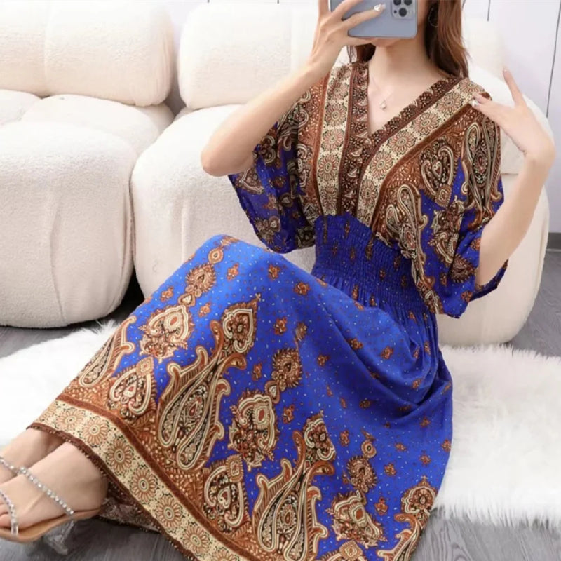 Casual Elegant Retro Bohemian National Style V-neck Elastic  Waist Large Swing Printed Summer Long Skirt Woman Dress Clothes