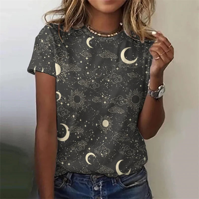 3D Printed Sun Stars Moon T Shirt For Women Starlit Sky Graphic Tees Summer Casual Loose T-Shirts Round Neck Tops Short Sleeves