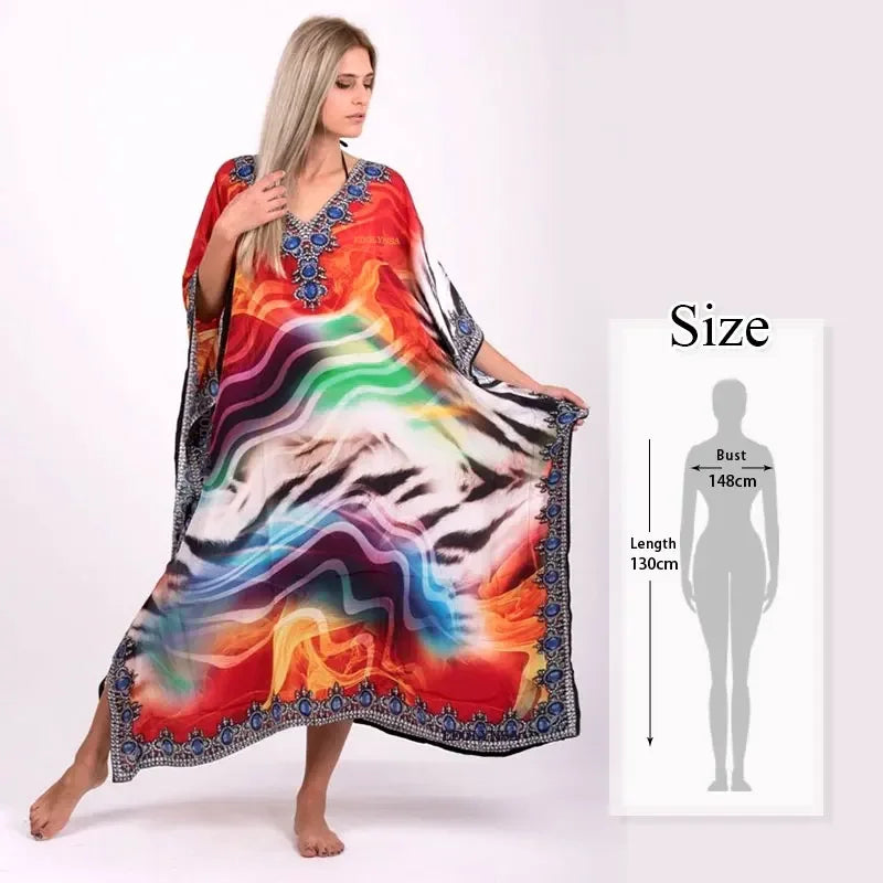 2023 Bohemian Printed V-neck Batwing Sleeve Long Loose Summer Dress For Women Clothes  Streetwear Moroccan Caftan Q831