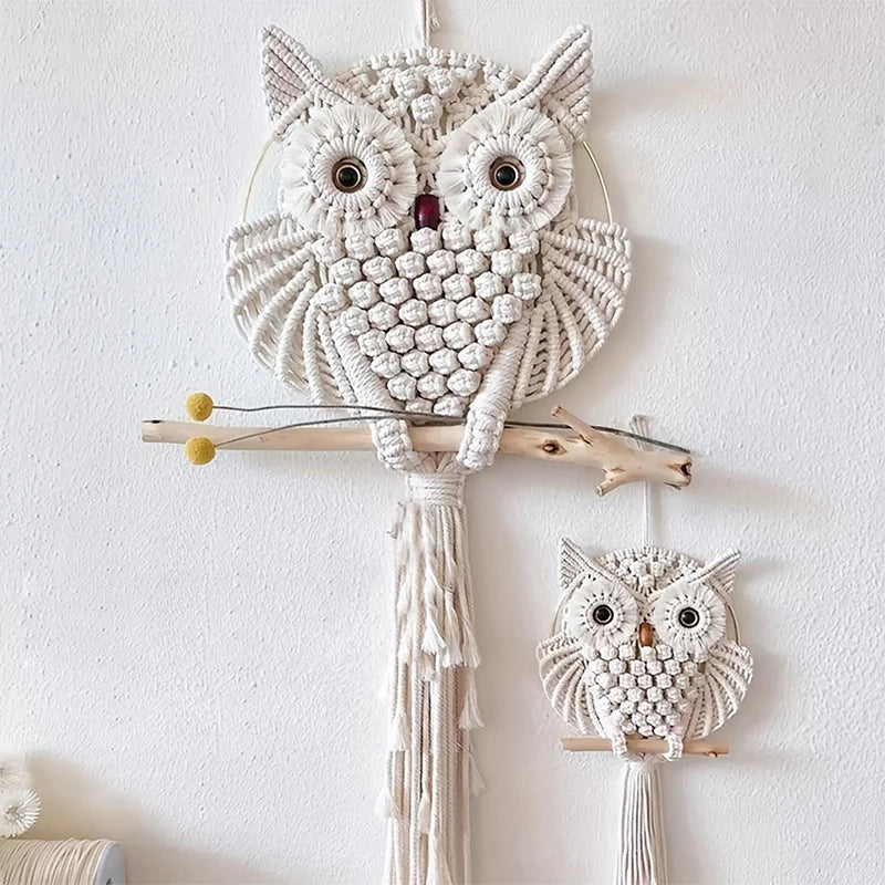 the MACRAME OWL - Owl Tapestry Hand-Woven Owl Dream Catcher Wall Hanging Macrame Mandala Tassel Boho Decor, DIY Apartment Dorm Room Home Decoration