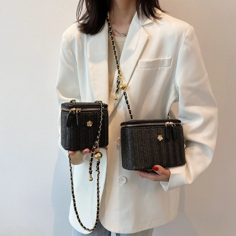 the PICNIC BOHO - Mini Straw Bucket Crossbody Bag for Women, Summer Weave Women's Brand Handbags and Purses, Fashion Chain Simple Shoulder Bags