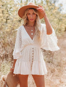 the MINI BOHO - Lace Tunic Sexy Deep V-Neck Button Bikini Cover-Ups Summer Sexy Ruffles Long Sleeves Mini Dresses
