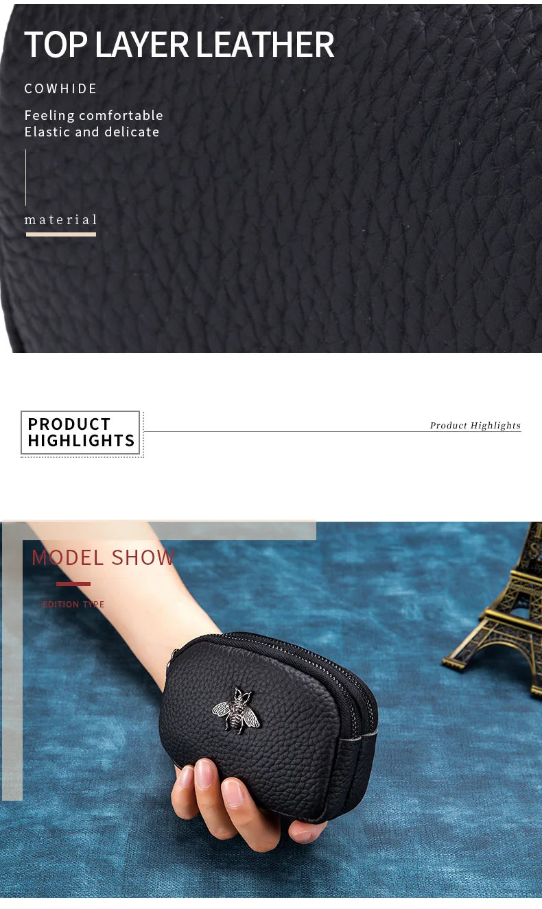 the BEE BAG - Women Cowhide Double Zipper Portable Wallets, Bag Bee Card Hoder Lipstick Case Leather Mini Earphone Coin Purse