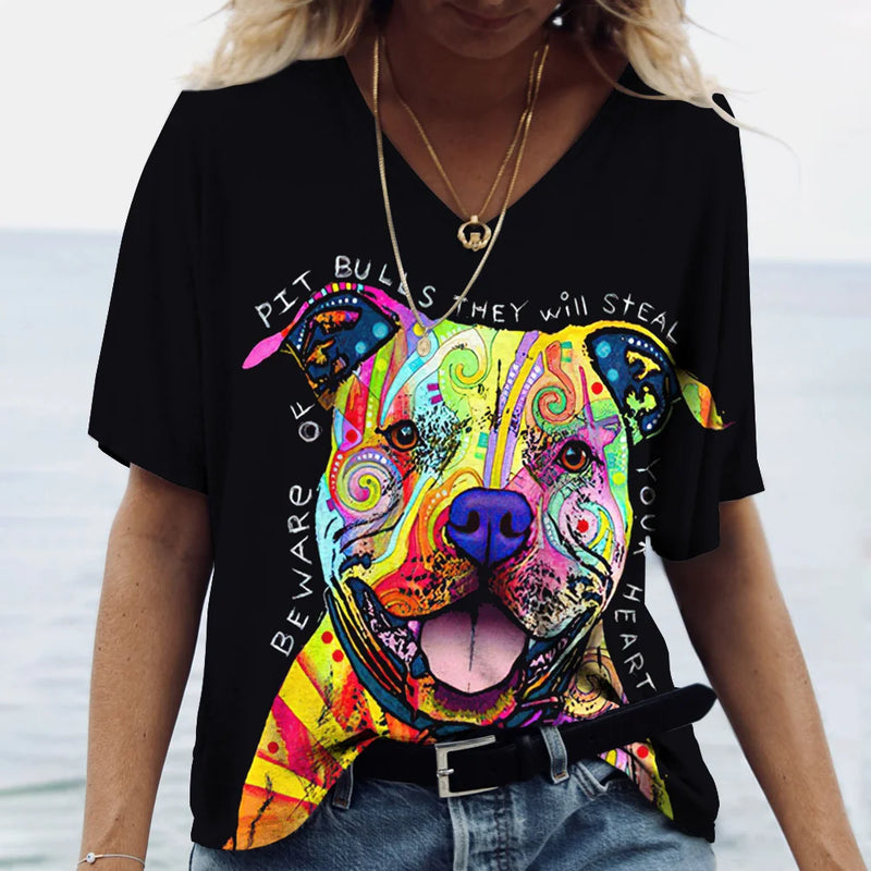 Summer New Women's V-neck Top Short Sleeve T-shirts 3D Cute Dog Print Casual Lovely Harajuku Versatile Y2K Clothes European Size