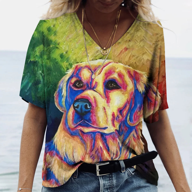 Summer New Women's V-neck Top Short Sleeve T-shirts 3D Cute Dog Print Casual Lovely Harajuku Versatile Y2K Clothes European Size