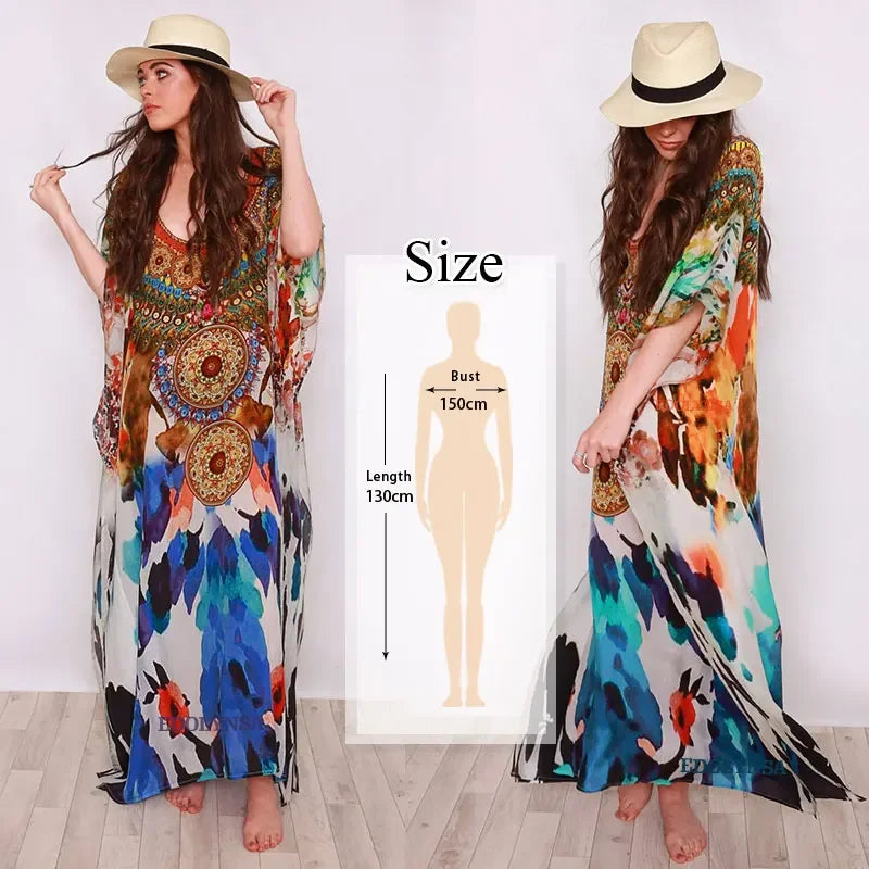 2023 Bohemian Printed V-neck Batwing Sleeve Long Loose Summer Dress For Women Clothes  Streetwear Moroccan Caftan Q831