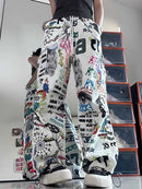the GRAFFITI - Graffiti Print Pants Chic Fashion Harajuku Drawstring Wide Leg Trousers Loose Sweatpants Streetwear