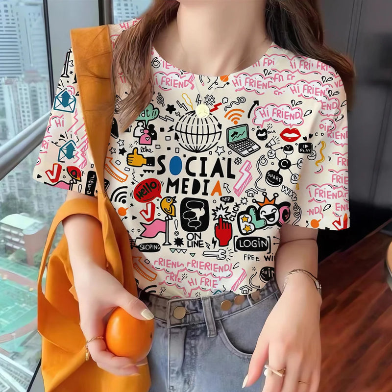 Summer Women's T Shirt Colorful Abstract Print O Neck Casual Short Sleeve Tees Female Overszied Clothing Fashion Street Pullover