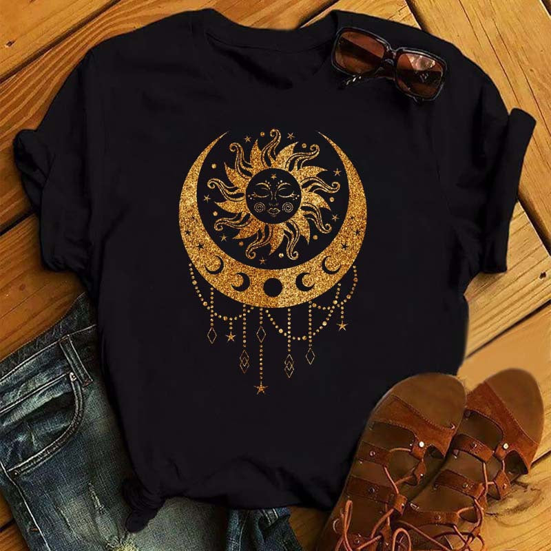 Golden Sun Moon Stars Print Women T Shirt Short Sleeve O Neck Loose Women Tshirt Ladies Tee Shirt Tops Camisetas Mujer