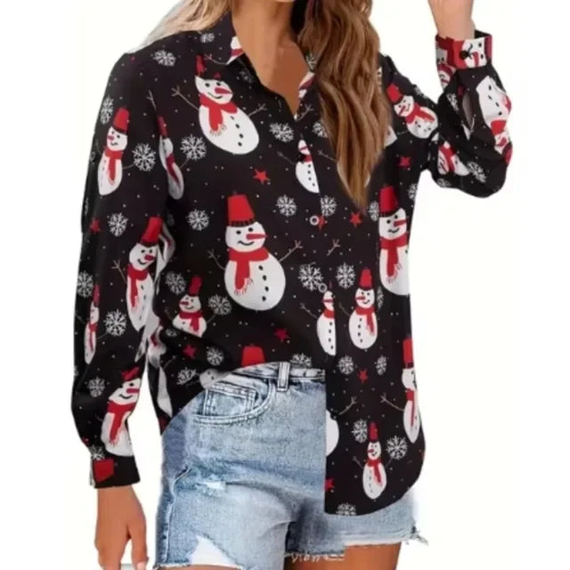 New Christmas Women Clothing Casual Long Sleeve Button Tops Shirts Cute Christmas tree Santa Claus Print Blouses Autumn Blouses