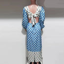 the BOW BOHO - Waist Hollow Sexy Floral Print Backless Bow Elegant O-Neck Lantern Sleeve Long Dress