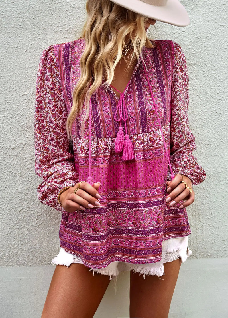 Boho lnspired Pink Floral Blouse Women V-neck Tassel Long Sleeve Bohemian Women Tops New Summer Fashion  Blouse Shirt For Women