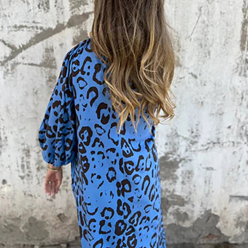 Vintage Leopard Print Loose Long Dresses Women 2025 Spring Elegant V Neck Pocket Maxi Dress Autumn 3/4 Sleeve Boho Holiday Dress