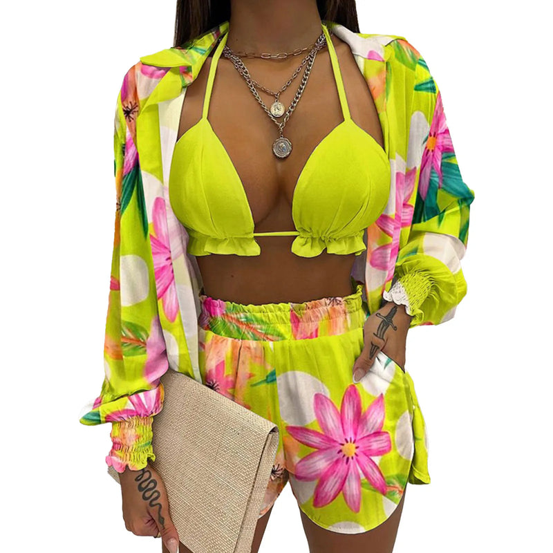 2024 Bohemia Beach Summer Women Clothing Outfits Fashion Spring Sling Tops Long Shirt Short Pants 3 Pcs Sets